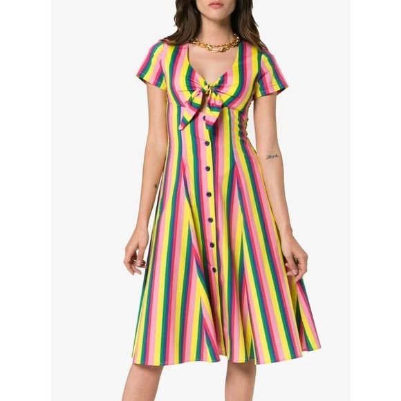 STAUD Alice Pink Colorful Rainbow Striped Poplin V-Neck Tie-Front Dress Sz 2 - Picture 1 of 14